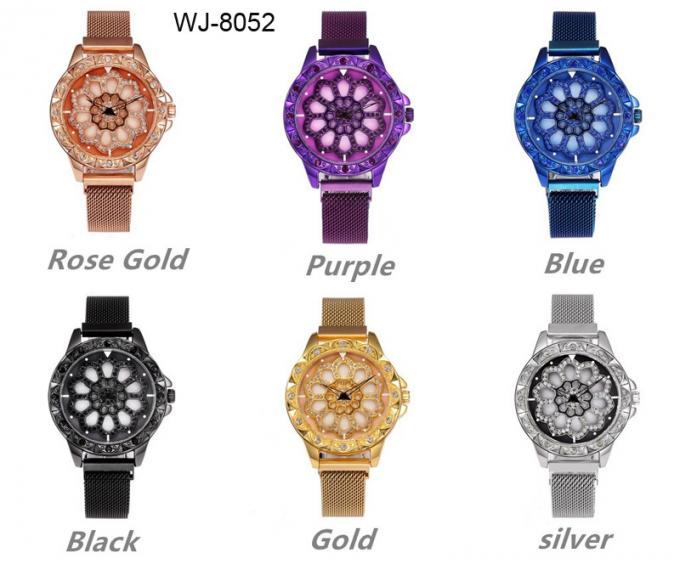 WJ-8656 Đồng hồ đeo tay bằng thép không gỉ màu tím kiểu mới Hợp kim 5 màu Dây đeo từ tính Đồng hồ thạch anh tương tự